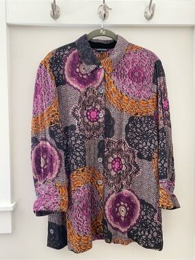 John Mark Boho Mandala Basket Weave Print Button Up Top Large
